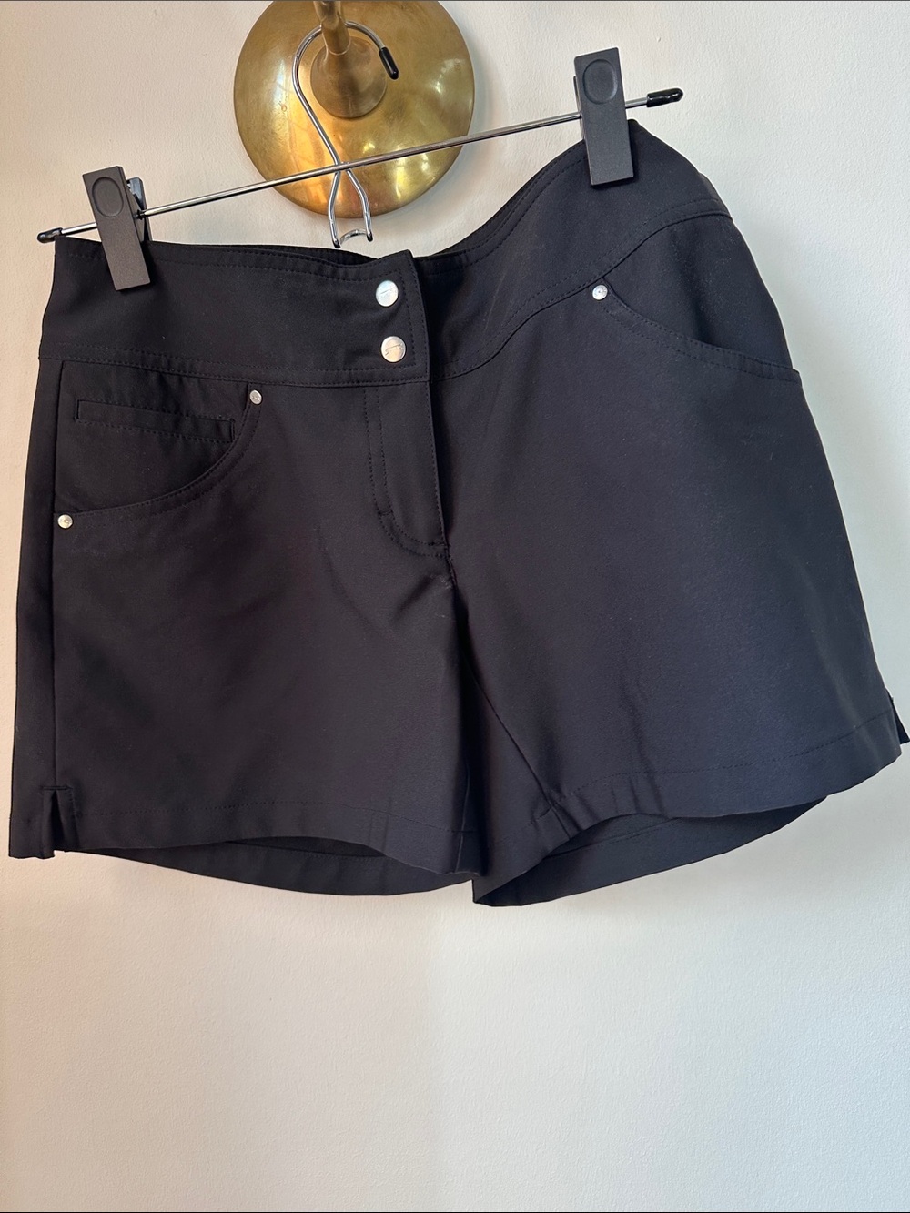 Women’s Golf Shorts- High-Waist Black Stretch Shorts with Button Detail